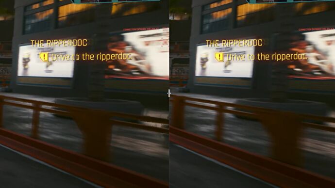 A Cyberpunk 2077 comparison image showing how traditionally rendered frames compare to AI generated frames in DLSS 3.