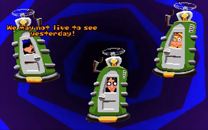 Three kids are trapped in green time machines in Day Of The Tentacle