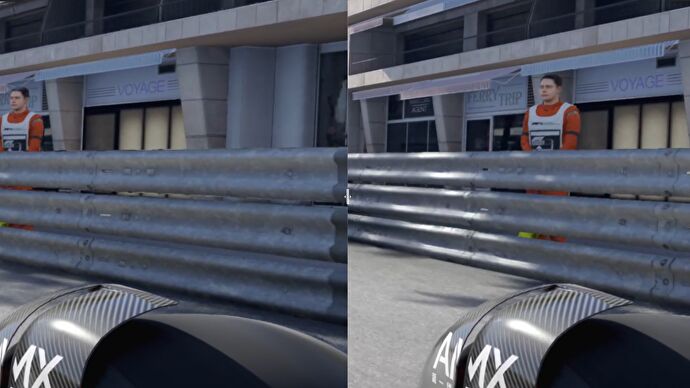 A comparison image showing generated vs. traditionally rendered frames in F1 22.
