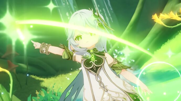 Genshin Impact's Nahida draws shapes in the air with a green glowing starburst of her Dendro magic.