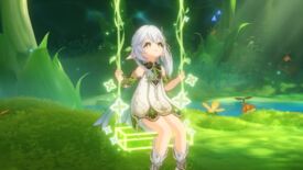 In a glowing forest glade, Genshin Impact's Nahida plays on a swing formed by her own Dendro magic.