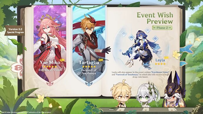 Event Wish Preview for Genshin Impact V3.2 Phase II, featuring Yae Miko and Tartaglia.