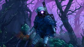 Artwork of a robot warrior in a purple forest from Ghost Song