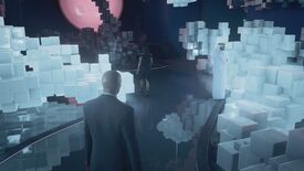 A modern art exhibit in Hitman 3, showing its ray traced reflections setting.