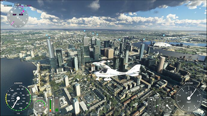 An AI-rendered DLSS 3 frame in Microsoft Flight Simulator, showing a small plane flying over London.