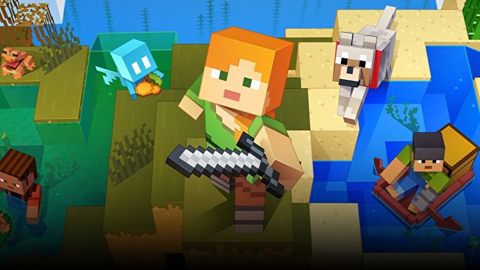 Promotional art for Minecraft: The Wild Update, featuring a player holding a sword up to the camera, surrounded by an allay, a dog, and another player in a boat.